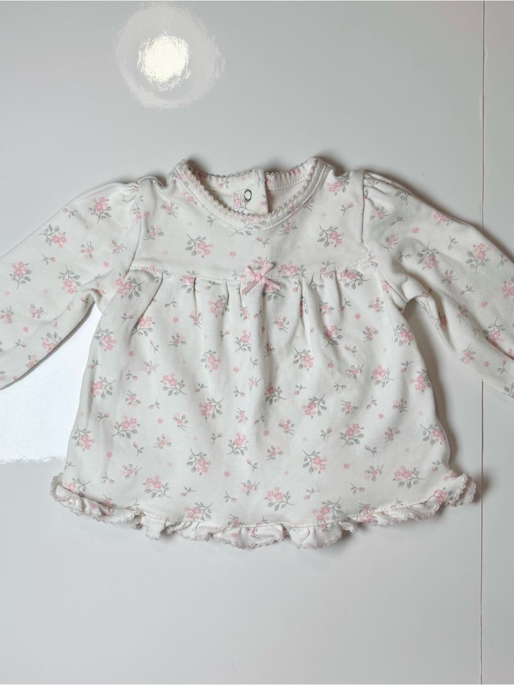 Little Me Baby Girl Pink Floral Long Sleeve Tunic Top Ruffle Hem Vintage Style